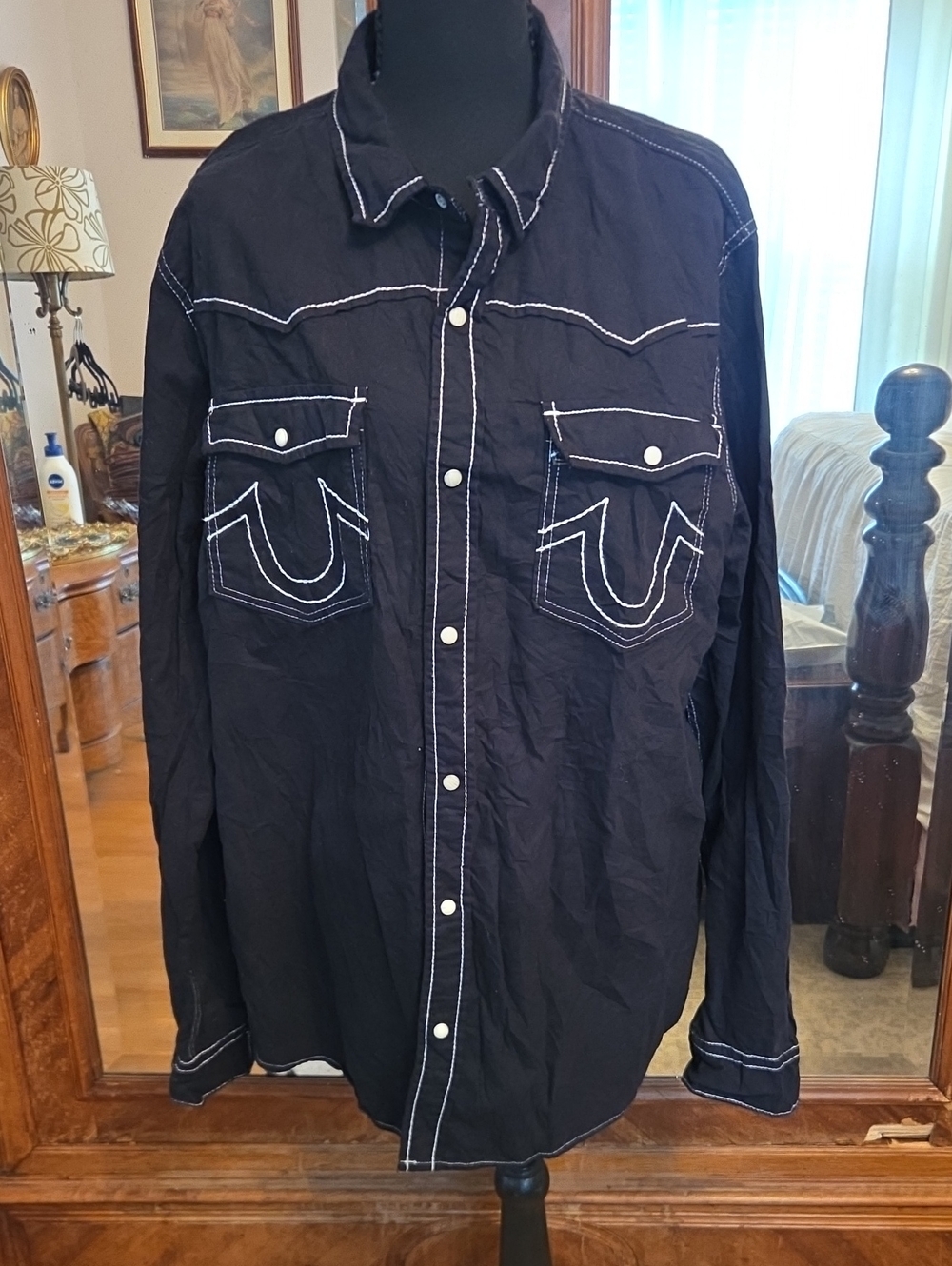 True Religion Black Pearl Snap Shirt with White Contrast Stitching